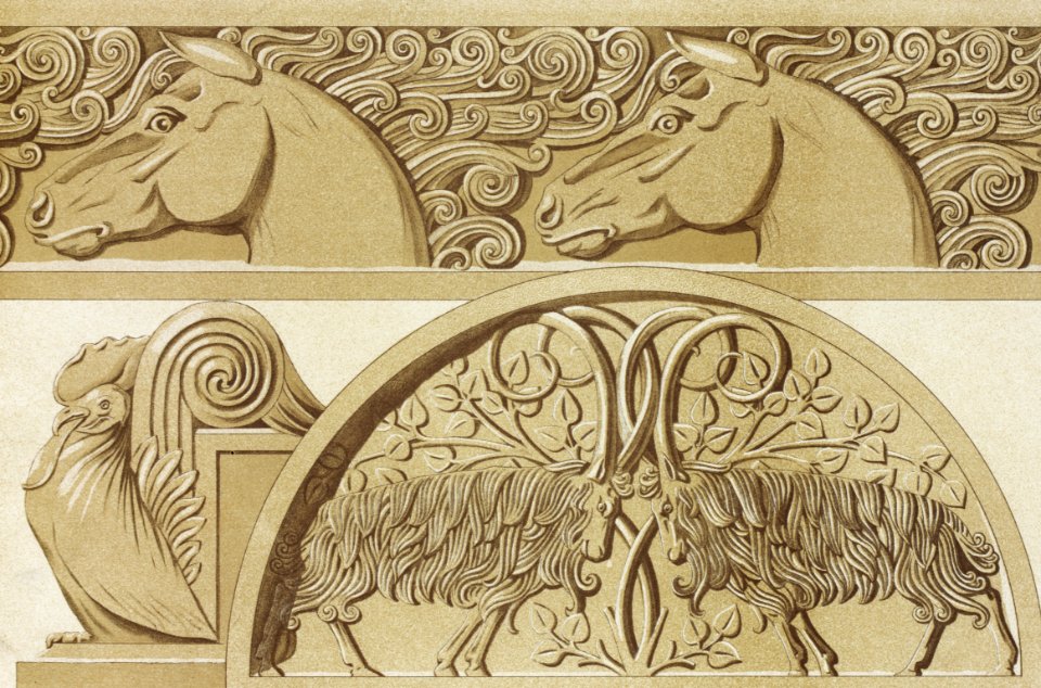 Chevaux, frise en pierre. Coq, amortissement. Boucs, tympan en pierre sculptée from L'animal dans la décoration (1897) illustrated by Maurice Pillard Verneuil.