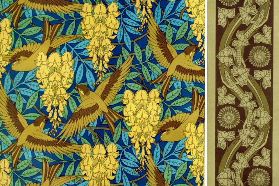 Oiseaux et glycines, tenture. Lézards et lierre, bordure from L'animal dans la décoration (1897) illustrated by Maurice Pillard Verneuil.