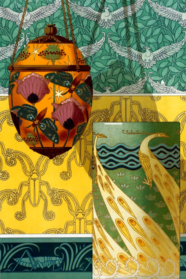 Papillons et pavots, veilleuse émaux translucides. Paons, vase émaux cloisonnés. Oiseaux tenture. Capricornes, jeu de fond. Sauterelles, bordurefrom L'animal dans la décoration (1897) illustrated by Maurice Pillard Verneuil.
