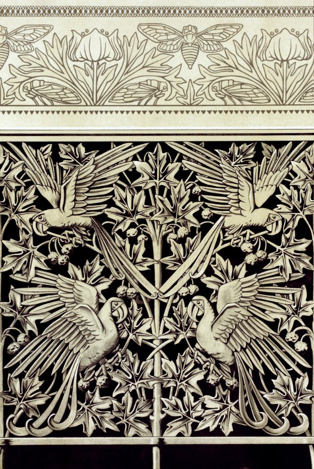 Cigales et anémones, bordure de napperon. Aras et platane, fonte from L'animal dans la décoration (1897) illustrated by Maurice Pillard Verneuil.