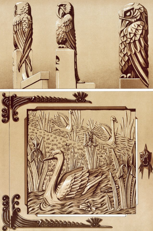 Perroquets, aigle, bois sculpté. Cygnes et iris, porte en bois sculpté from L'animal dans la décoration (1897) illustrated by Maurice Pillard Verneuil.