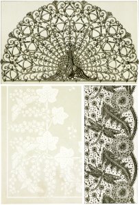 Paon, grille fer forgé. Cigales et groseiller, linge damassé. Libellules et pissenlit, dentelle from L'animal dans la décoration (1897) illustrated by Maurice Pillard Verneuil.