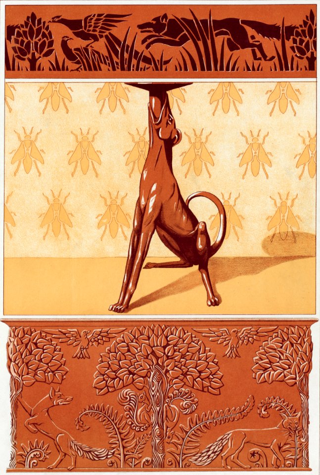 Faisans et renard, frise cuivre découpé. Chien, chandelier. Abeilles, semis. Renards, écureuils et oiseaux, jardiniere cuivre repoussé from L'animal dans la décoration (1897) illustrated by Maurice Pillard Verneuil.