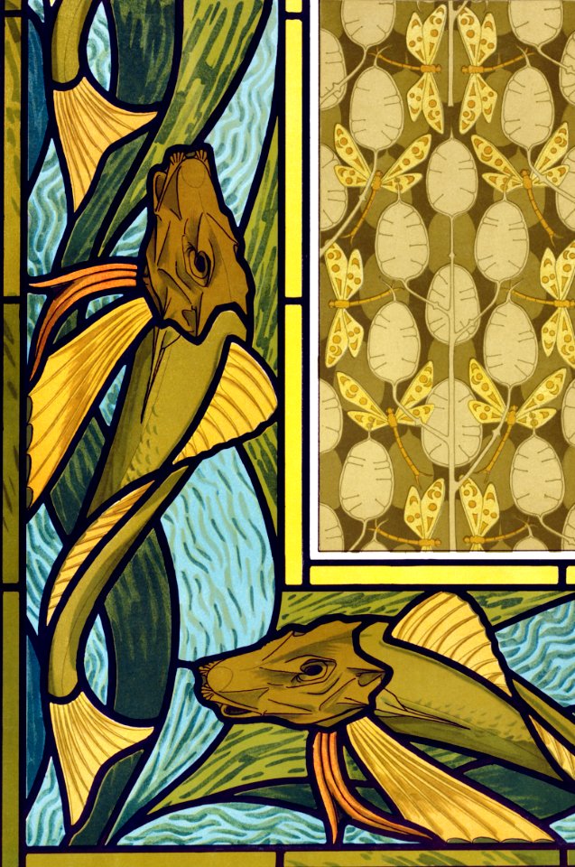 Rougets, vitrail. Libellules et monnaie du pape, étoffe from L'animal dans la décoration (1897) illustrated by Maurice Pillard Verneuil.