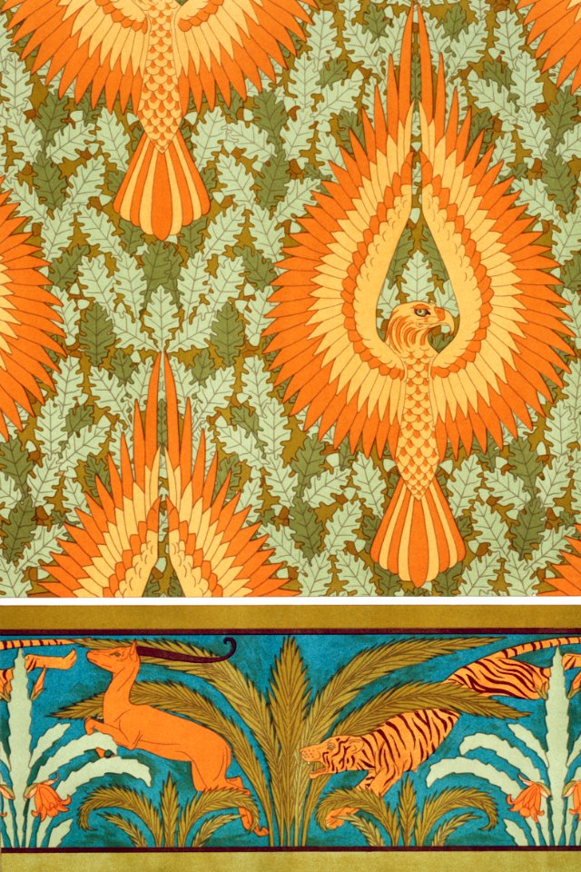 Aigles et chêne, papier peint. Antilopes, tigres, cactus et palmiers, bordure from L'animal dans la décoration (1897) illustrated by Maurice Pillard Verneuil.