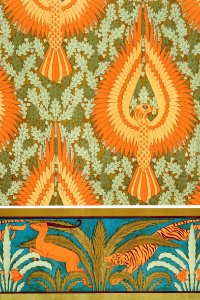 Aigles et chêne, papier peint. Antilopes, tigres, cactus et palmiers, bordure from L'animal dans la décoration (1897) illustrated by Maurice Pillard Verneuil.