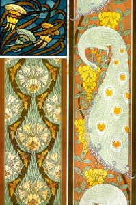 Méduses et algues, vitrail. Cigales et lis, paons et cytise, bordures from L'animal dans la décoration (1897) illustrated by Maurice Pillard Verneuil.