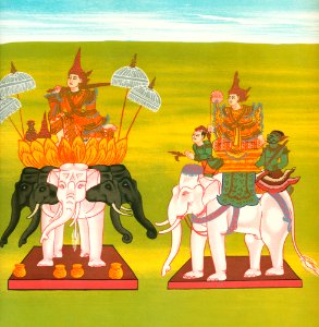 11. Lord of Five White Elephants (Ngázíshin nat) and 12. Lord of the White Elephant of Aung Pinl (Aungbinlè Sinbyushin nat) from The thirty-seven nats : a phase of spirit worship prevailing in Burma (1906) by William Griggs (1832-1911).. Free illustration for personal and commercial use.