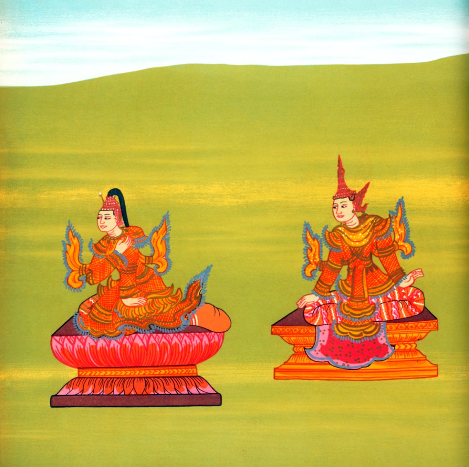 29. Royal Mother of Htibyuhsaung (Tíbyusaung Mèdaw nat) and 30. Usurper Mingaung of Pareinma (Bayìnmáshin Mingaung nat) from The thirty-seven nats : a phase of spirit worship prevailing in Burma (1906) by William Griggs (1832-1911).