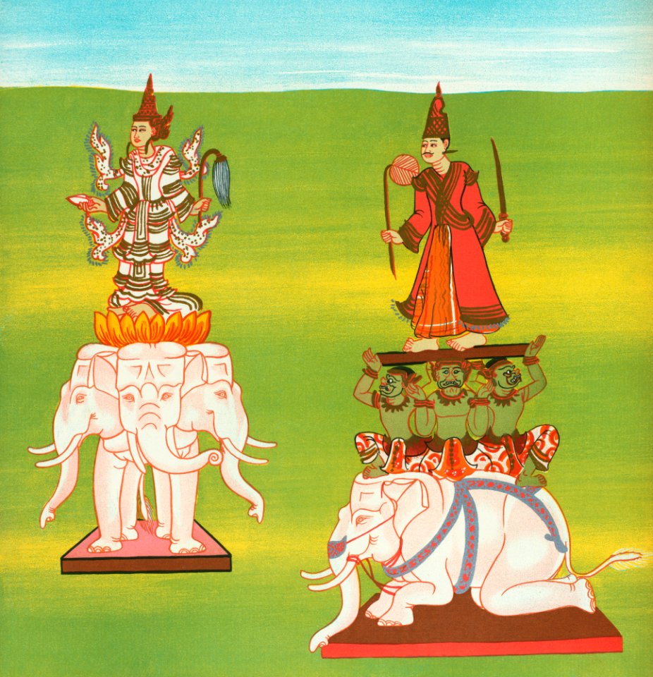 1. The King of Nats (Thagyá nat) and 2. Lord of the Great Mountain (Mahágirí nat) from The thirty-seven nats : a phase of spirit worship prevailing in Burma (1906) by William Griggs (1832-1911).. Free illustration for personal and commercial use.