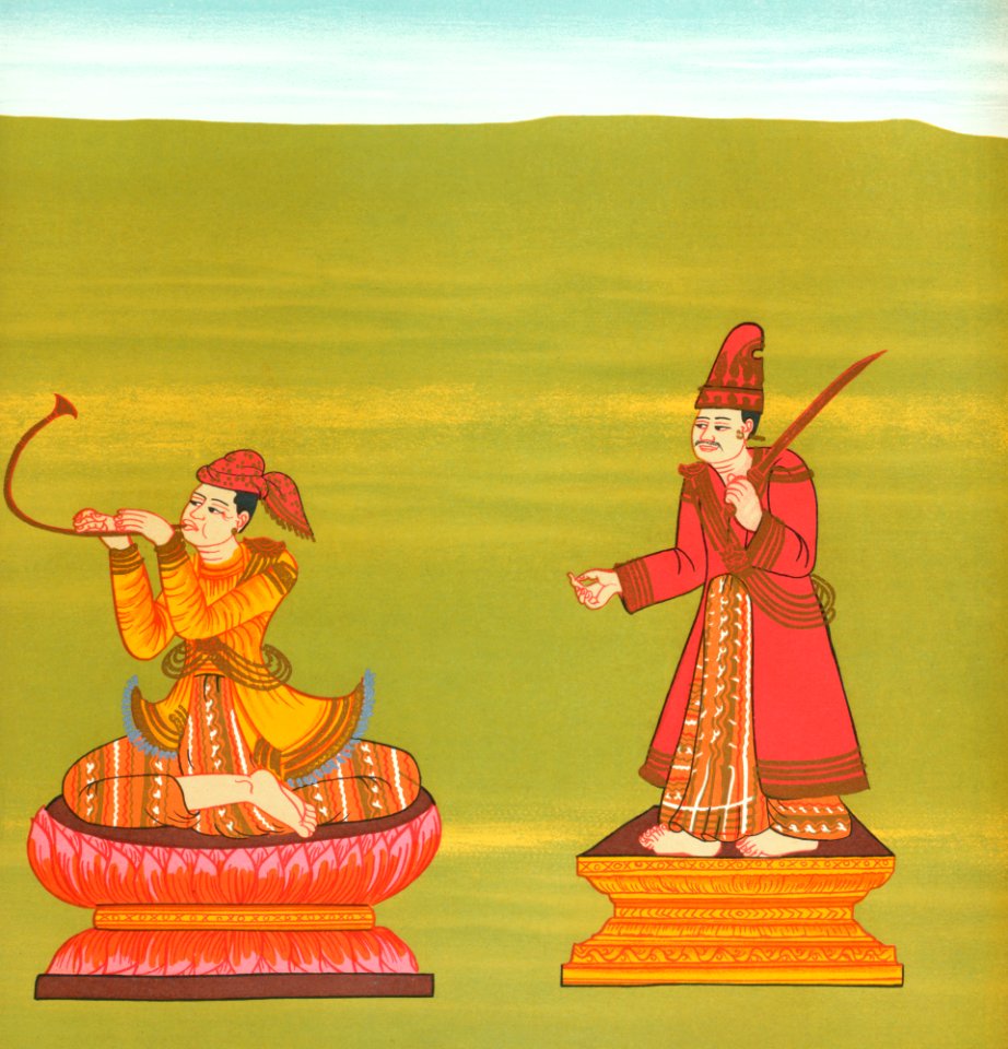 23. Crown Prince Minye Kyawswa (Maung Minbyú nat) and 24. Lord Grandfather of Mandalay (Mándalé Bódaw nat) from The thirty-seven nats : a phase of spirit worship prevailing in Burma (1906) by William Griggs (1832-1911).