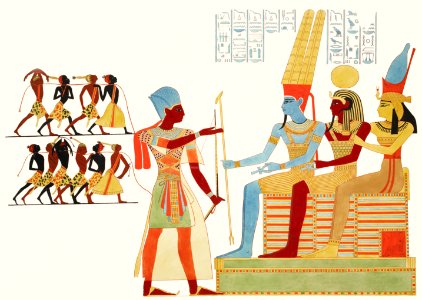 Great speos: Great hall, east wall. Second painting from Monuments de l'Égypte et de la Nubie (1835–1845) by Jean François Champollion (1790–1832).. Free illustration for personal and commercial use.