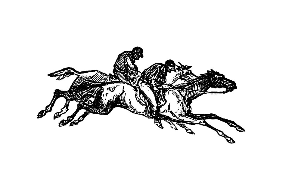 Vintage European Vintage European style engraving featuring horse racing with jockeys by Charles Simon Pascal Soullier (1861).