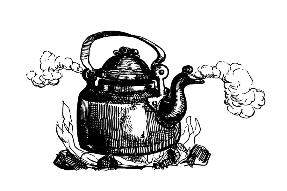 Vintage European style kettle engraving from Frost and Fire. Natural engines, tool-marks and chips. With sketches taken at home abroad by John Francis Campbell (1865).