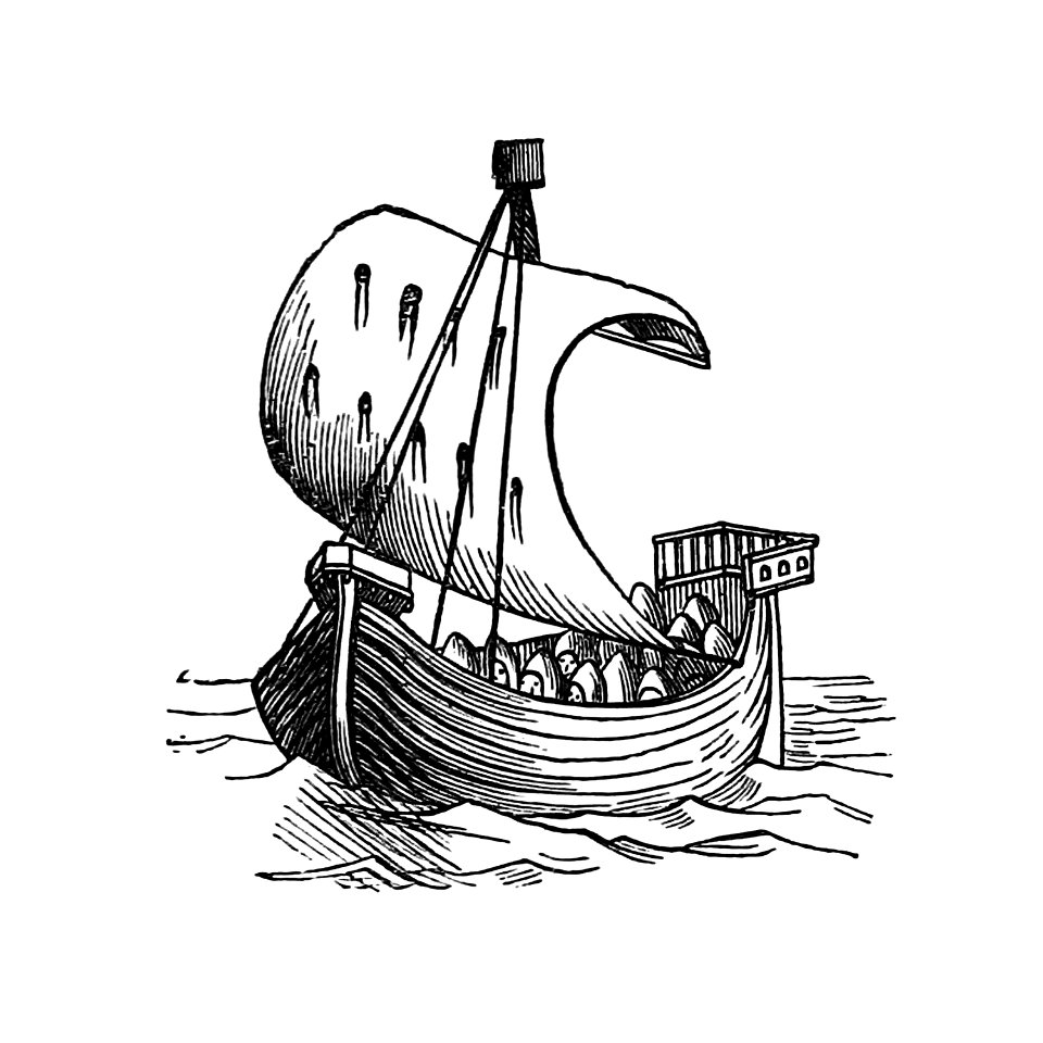 Vintage European style boat engraving from Chaucer for Children. A golden key by Geoffrey Chaucer (1877).