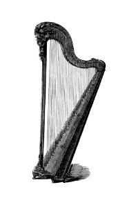 Vintage European style harp engraving.