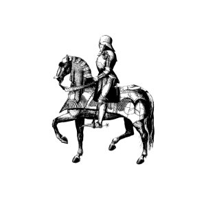 Vintage Victorian style knight on a horse engraving.