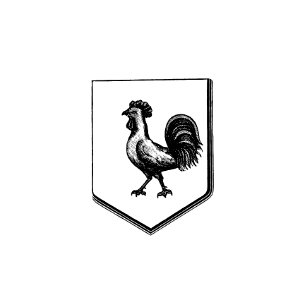 Cock in a shield, heraldic design from the book The Scots in France, the French in Scotland published by Trübner & Cie (1862).