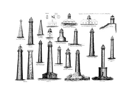 Lighthouse collection from Circular relating to Lighthouses, Lightships, Buoys, and Beacons (1863) published by Alexander Gordon.. Free illustration for personal and commercial use.