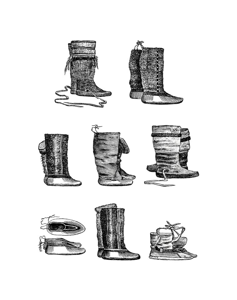 Eskimo boots and shoes of different ornaments from The American North Pole Expedition ... With Numerous Illustrations in Woodcut, etc (1879).  