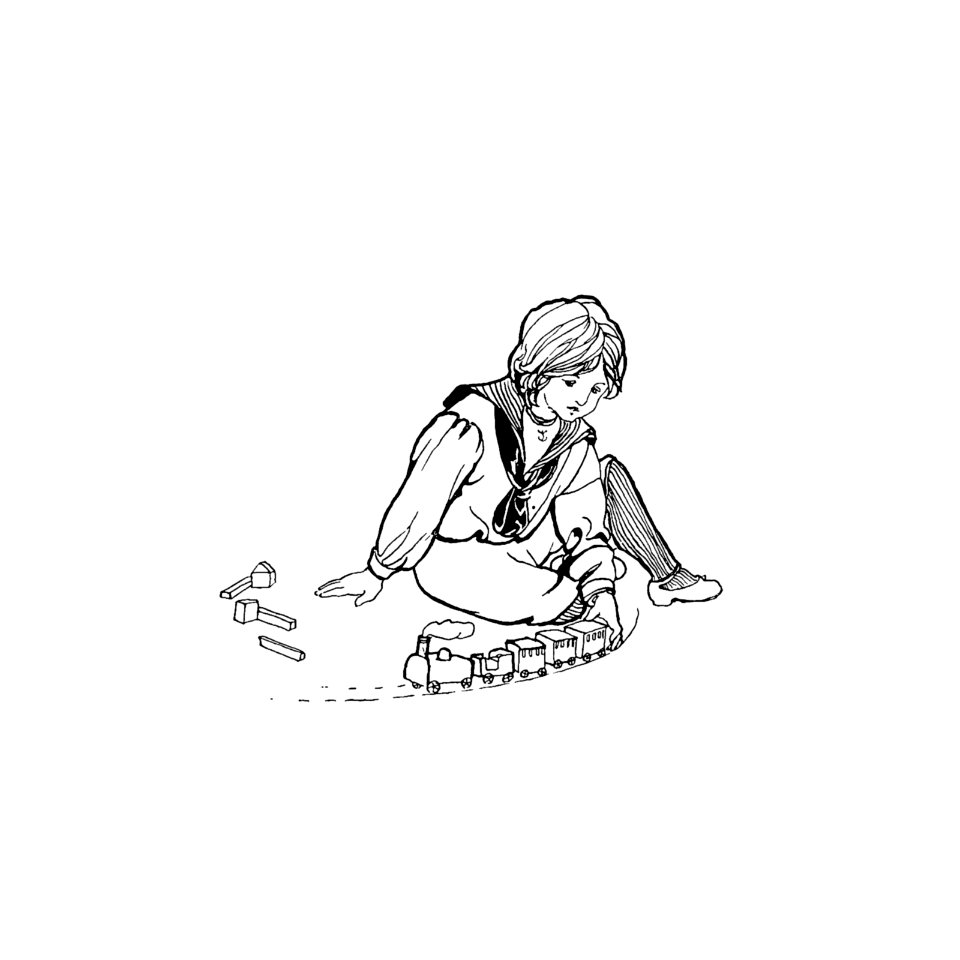 Child playing with train toys from Verses For Grannies. Suggested By The Children... illustrated by Dorothea A.H Drew (1899).