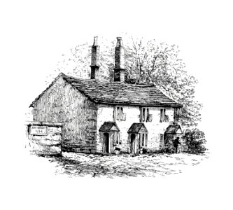 Rustic house from The Old-Church Clock... Third Edition published by A. Heywood & Son (1880).. Free illustration for personal and commercial use.