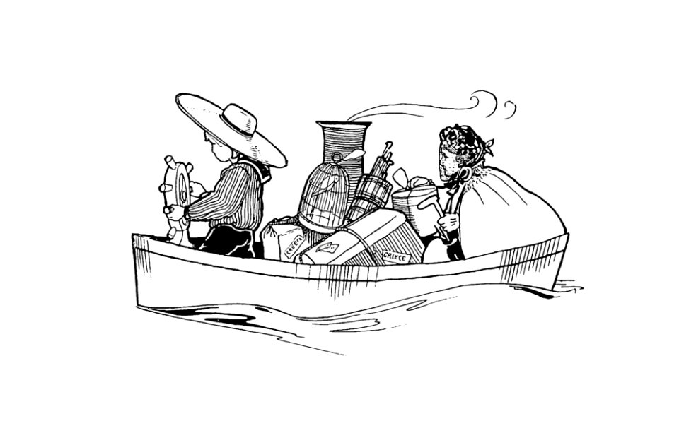 Vintage travelers on a boat from Verses For Grannies, Suggested By The Children... illustrated by Dorothea A. H Drew (1899).