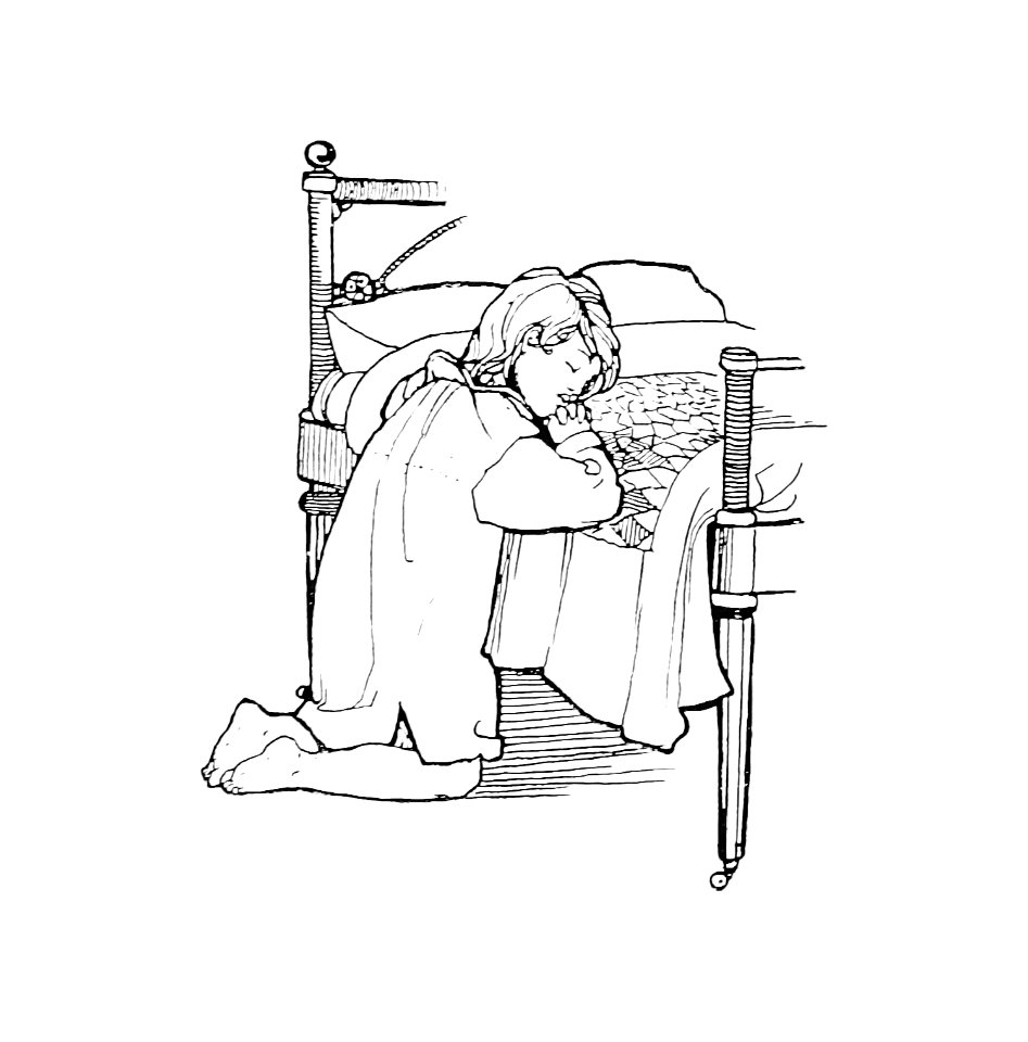 Child praying before bed from Verses For Grannies. Suggested By The Children... illustrated by Dorothea A.H Drew (1899).