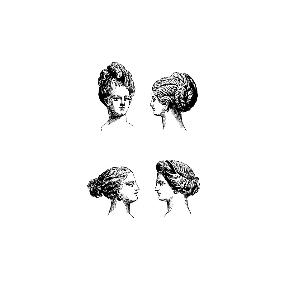 Vintage feminine hairstyles from Greek Pictures, Drawn With Pen And Pencil published by Religious Tract Society (1890).