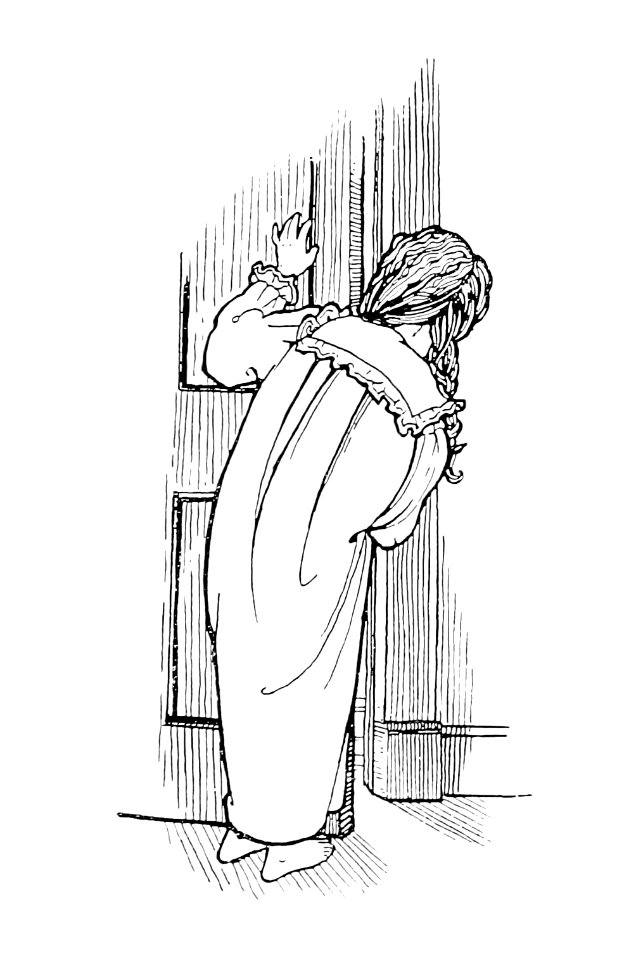 Child peeking through the door from Verses For Grannies. Suggested By The Children... illustrated by Dorothea A.H Drew (1899).. Free illustration for personal and commercial use.