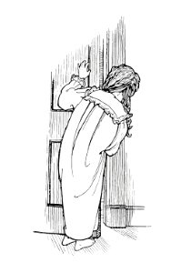 Child peeking through the door from Verses For Grannies. Suggested By The Children... illustrated by Dorothea A.H Drew (1899).. Free illustration for personal and commercial use.