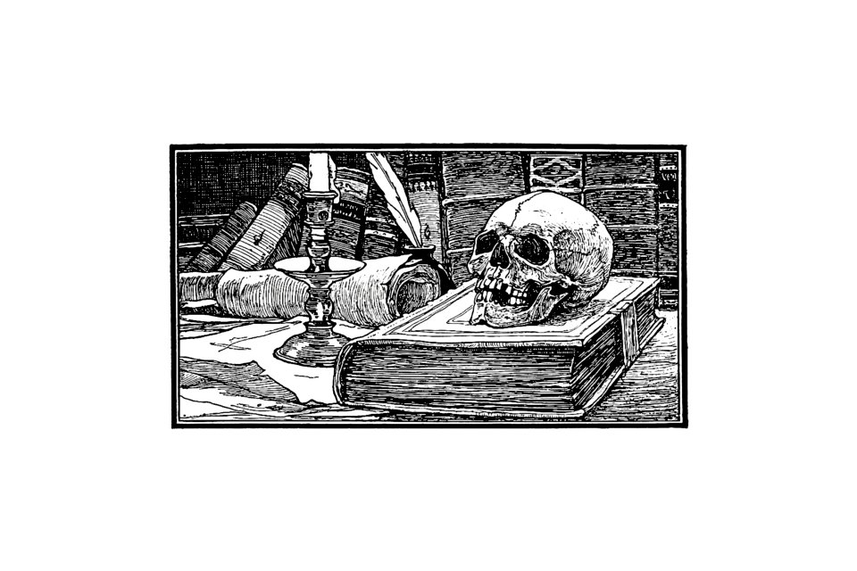 Skull and books from Half A Century, 1848-1898. The Netherlands Under The Direction Of King Willem The Third And The Regency Of Queen Emma Described By The Dutch Under The Direction Of Dr. P.H. Ritter (1898).. Free illustration for personal and commercial use.