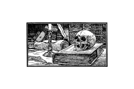 Skull and books from Half A Century, 1848-1898. The Netherlands Under The Direction Of King Willem The Third And The Regency Of Queen Emma Described By The Dutch Under The Direction Of Dr. P.H. Ritter (1898).. Free illustration for personal and commercial use.