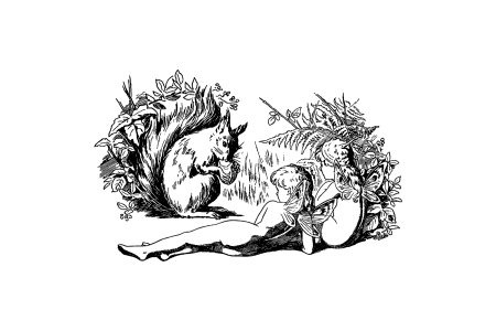 Squirrel and forest nymphs from Three Sunsets, And Other Poems... WIth Twelve Fairy-Fancies published by Macmillan & Co. (1898).. Free illustration for personal and commercial use.