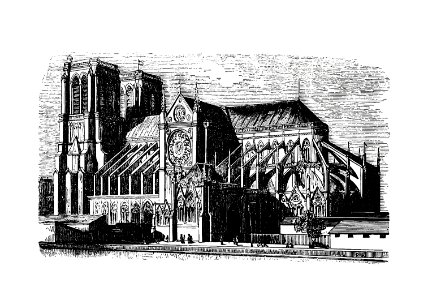 Notre-Dame building structure from Paris-Neuf, Or Dream And Reality. Great Phantasmagoria, Etc published by Bradbury & Evans (1858).. Free illustration for personal and commercial use.