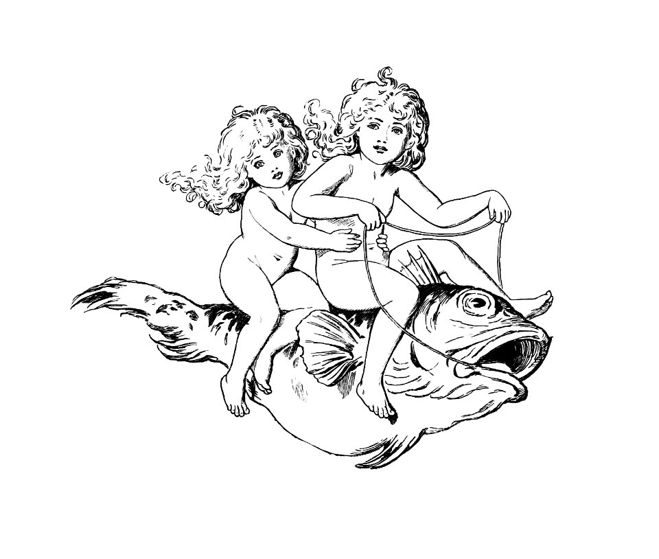 Babies riding on a fish from Three Sunsets, And Other Poems... WIth Twelve Fairy-Fancies published by Macmillan & Co. (1898).. Free illustration for personal and commercial use.