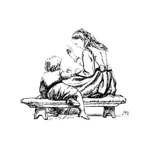Woman teaching a kid from Sing-Song. A Nursery Rhyme Book... With... Illustrations by A. Hughes (1893).. Free illustration for personal and commercial use.