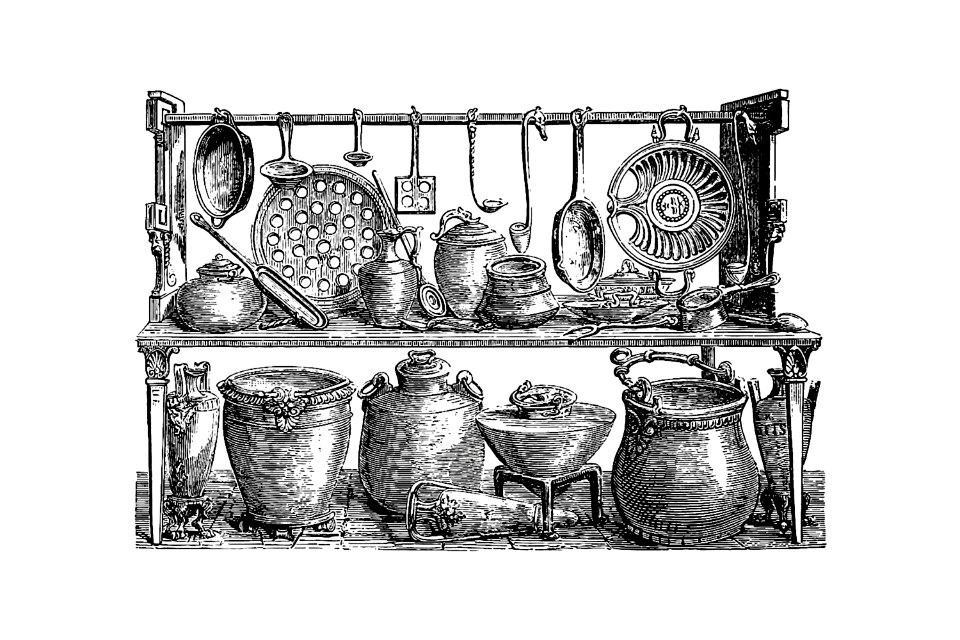 Cooking utensils from Pompeii, in the museum at Naples from Italian Pictures, Drawn With Pen And Pencil published by Religious Tract Society (1885).. Free illustration for personal and commercial use.