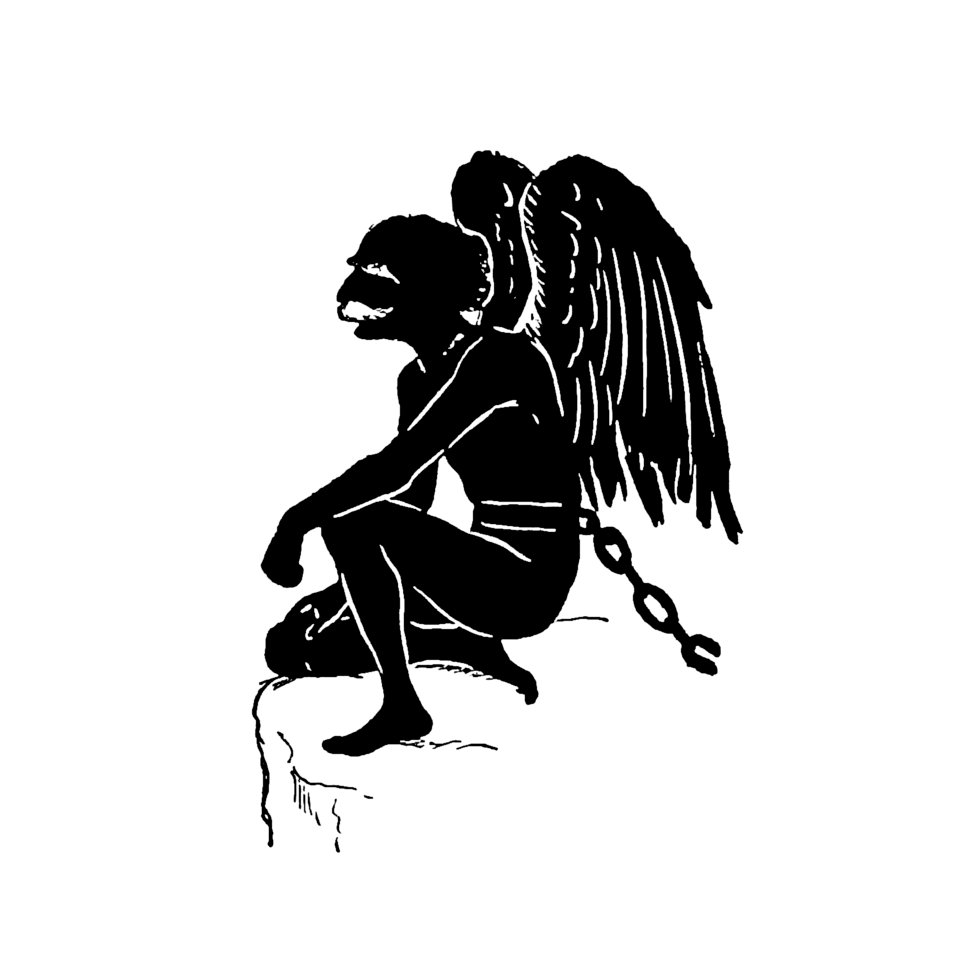 Chained senior angel silhouette from Mr.Grant Allen's New Story Michael's Crag With Marginal Illustrations in Silhouette, etc published by Leadenhall Press (1893).. Free illustration for personal and commercial use.