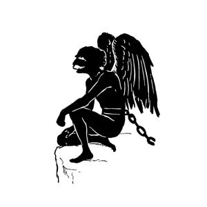 Chained senior angel silhouette from Mr.Grant Allen's New Story Michael's Crag With Marginal Illustrations in Silhouette, etc published by Leadenhall Press (1893).. Free illustration for personal and commercial use.