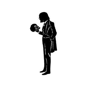 Male silhouette holding a skull from Mr.Grant Allen's New Story Michael's Crag With Marginal Illustrations in Silhouette, etc published by Leadenhall Press (1893).. Free illustration for personal and commercial use.