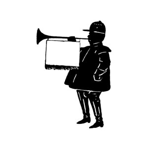 Male silhouette with a trumpet and a banner from Mr.Grant Allen's New Story Michael's Crag With Marginal Illustrations in Silhouette, etc published by Leadenhall Press (1893).