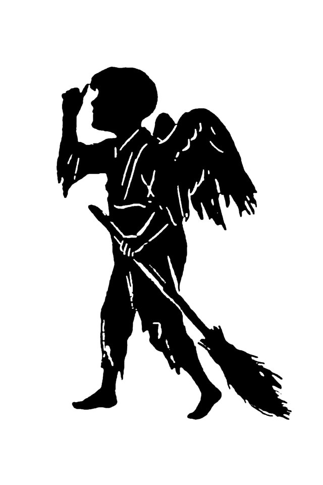 Ragged angel with a broomstick from Mr.Grant Allen's New Story Michael's Crag With Marginal Illustrations in Silhouette, etc published by Leadenhall Press (1893).