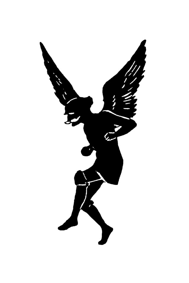 Male angel silhouette from Mr.Grant Allen's New Story Michael's Crag With Marginal Illustrations in Silhouette, etc published by Leadenhall Press (1893).