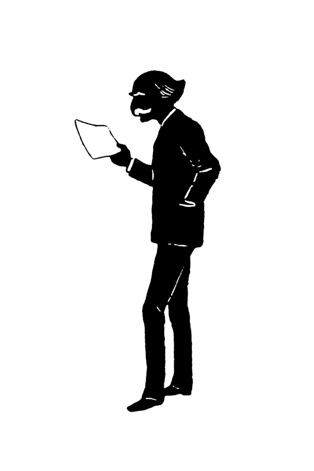 Elderly scholar silhouette from Mr.Grant Allen's New Story Michael's Crag With Marginal Illustrations in Silhouette, etc published by Leadenhall Press (1893).