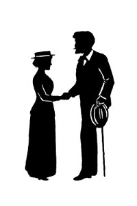 Vintage lady and gentleman shaking hands silhouette from Mr.Grant Allen's New Story Michael's Crag With Marginal Illustrations in Silhouette, etc published by Leadenhall Press (1893).