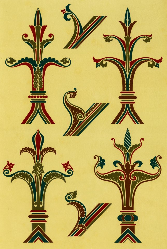 Gothic ornamental elements from The Practical Decorator and Ornamentist (1892) by G.A Audsley and M.A. Audsley. Digitally enhanced from our own original first edition of the publication.. Free illustration for personal and commercial use.