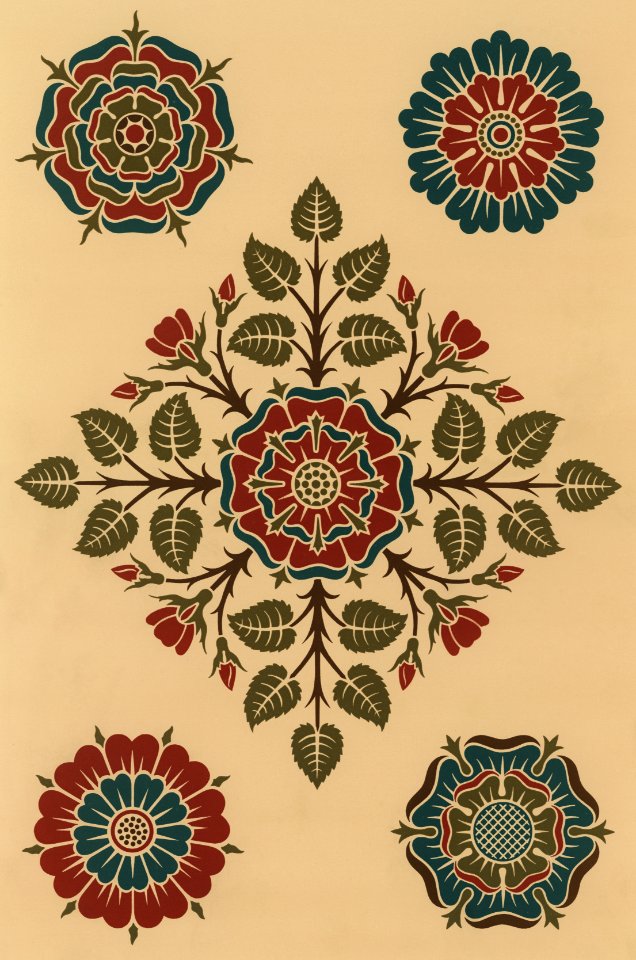 Pattern featuring roses from The Practical Decorator and Ornamentist (1892) by G.A Audsley and M.A. Audsley. Digitally enhanced from our own original first edition of the publication.