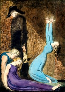Man supporting a supine woman, an aged man with bell, and a woman in a blue dress raising arms illustration from Europe: a Prophecy by William Blake (1752-1827).. Free illustration for personal and commercial use.