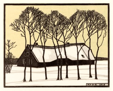 Farm in the snow (1918) by Julie de Graag (1877-1924).. Free illustration for personal and commercial use.
